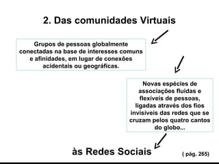 2. Das comunidades Virtuais Grupos de pessoas globalmente conectadas na base de interesses comuns e afinidades, em lugar de conexões acidentais ou geográficas. Novas espécies de associações fluidas e flexíveis de pessoas, ligadas através dos fios invisíveis das redes que se cruzam pelos quatro cantos do globo... ( pág. 265) às Redes Sociais 