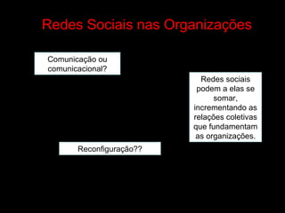 7 Redes Sociais nas Organizações Comunicação ou comunicacional? Redes sociais podem a elas se somar, incrementando as rela...
