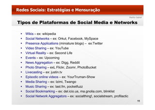 Tipos de Plataformas de Social Media e Networks

   Wikis – ex: wikipedia
   Social Networks – ex: Orkut, Facebook, MySpac...