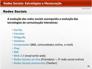 Redes Sociais

  A evolução das redes sociais acompanha a evolução das
  tecnologias de comunicação interativas:

     • E...