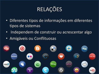 RELAÇÕES
• Diferentes tipos de informações em diferentes
tipos de sistemas
• Independem de construir ou acrescentar algo
• Amigáveis ou Conflituosas
 