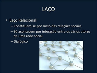 LAÇO
• Laço Relacional
– Constituem-se por meio das relações sociais
– Só acontecem por interação entre os vários atores
de uma rede social
– Dialógico
 