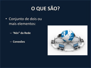 O QUE SÃO?
• Conjunto de dois ou
mais elementos:
– ‘Nós” da Rede
– Conexões
 
