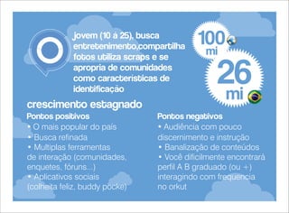 jovem (10 á 25), busca
entretenimento,compartilha
fotos utiliza scraps e se
apropria de comunidades
como características de
identificação

crescimento estagnado
Pontos positivos
• O mais popular do país
• Busca refinada
• Multiplas ferramentas
de interação (comunidades,
enquetes, fóruns...)
• Aplicativos sociais
(colheita feliz, buddy pocke)

100
mi

26
mi

Pontos negativos
• Audiência com pouco
discernimento e instrução
• Banalização de conteúdos
• Você dificilmente encontrará
perfil A B graduado (ou +)
interagindo com frequencia
no orkut

 