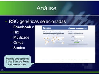 Análise RSO genéricas selecionadas Facebook > Hi5 MySpace Orkut Sonico Maioria dos usuários é dos EUA, do Reino Unido e da Itália  