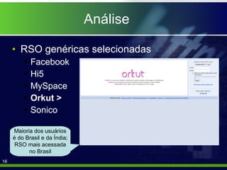 Análise RSO genéricas selecionadas Facebook Hi5 MySpace Orkut > Sonico Maioria dos usuários é do Brasil e da Índia; RSO mais acessada no Brasil 