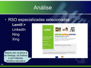 Análise RSO especializadas selecionadas Lemill > LinkedIn Ning Xing Maioria dos usuários é da Geórgia, da Estônia e da Finlândia; temática educativa 