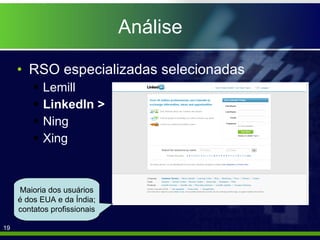 Análise RSO especializadas selecionadas Lemill LinkedIn > Ning Xing Maioria dos usuários é dos EUA e da Índia; contatos profissionais 