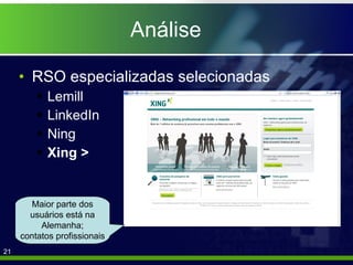 Análise RSO especializadas selecionadas Lemill LinkedIn Ning Xing > Maior parte dos usuários está na Alemanha; contatos profissionais 