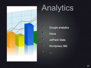 21
Analytics
• Google analytics
• Alexa
• JetPack Stats
• Wordpress 360
• ....
 