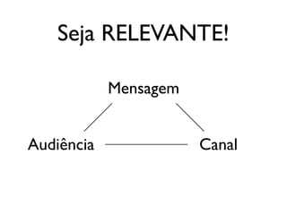 Seja RELEVANTE!
Mensagem
Audiência Canal
 