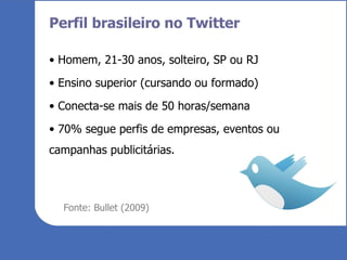 Perfil brasileiro no Twitter Homem, 21-30 anos, solteiro, SP ou RJ Ensino superior (cursando ou formado) Conecta-se mais de 50 horas/semana 70% segue perfis de empresas, eventos ou campanhas publicitárias. Fonte: Bullet (2009) 