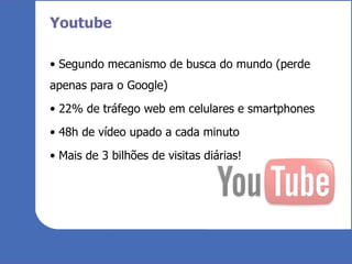Segundo mecanismo de busca do mundo (perde apenas para o Google) 22% de tráfego web em celulares e smartphones 48h de vídeo upado a cada minuto Mais de 3 bilhões de visitas diárias! Youtube 