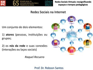 Redes Sociais Virtuais: ressignificando
espaços e tempos pedagógicos
Prof. Dr. Robson Santos
Redes Sociais na Internet
Um conjunto de dois elementos:
1) atores (pessoas, instituições ou
grupos;
2) os nós da rede e suas conexões
(interações ou laços sociais)
Raquel Recuero
 