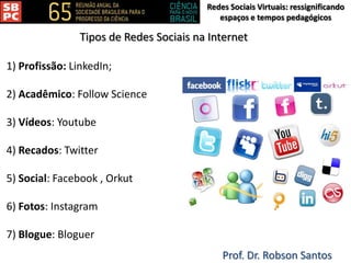 Redes Sociais Virtuais: ressignificando
espaços e tempos pedagógicos
Prof. Dr. Robson Santos
Tipos de Redes Sociais na Internet
1) Profissão: LinkedIn;
2) Acadêmico: Follow Science
3) Vídeos: Youtube
4) Recados: Twitter
5) Social: Facebook , Orkut
6) Fotos: Instagram
7) Blogue: Bloguer
 