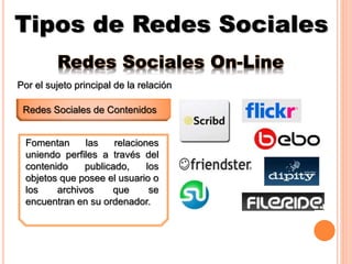 Tipos de Redes Sociales
Redes Sociales de Contenidos
Por el sujeto principal de la relación
Fomentan las relaciones
uniendo perfiles a través del
contenido publicado, los
objetos que posee el usuario o
los archivos que se
encuentran en su ordenador.
Redes Sociales On-Line
 