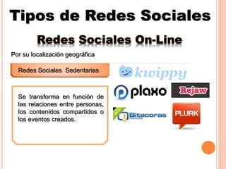 Tipos de Redes Sociales
Redes Sociales Sedentarias
Por su localización geográfica
Se transforma en función de
las relaciones entre personas,
los contenidos compartidos o
los eventos creados.
Redes Sociales On-Line
 