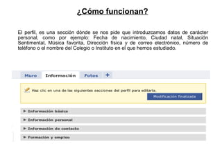 ¿Cómo funcionan? El perfil, es una sección dónde se nos pide que introduzcamos datos de carácter personal, como por ejemplo: Fecha de nacimiento, Ciudad natal, Situación Sentimental, Música favorita, Dirección física y de correo electrónico, número de teléfono o el nombre del Colegio o Instituto en el que hemos estudiado. 