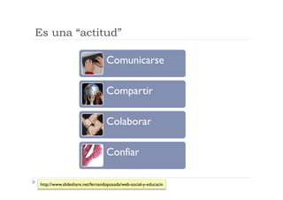 Es una “actitud”

                                 Comunicarse

                                 Compartir

                                 Colaborar

                                 Confiar

http://www.slideshare.net/fernandoposada/web-social-y-educacin
 