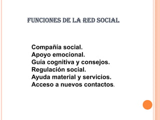 FUNCIONES DE LA RED SOCIAL



 Compañía social.
 Apoyo emocional.
 Guía cognitiva y consejos.
 Regulación social.
 Ayuda material y servicios.
 Acceso a nuevos contactos.
 