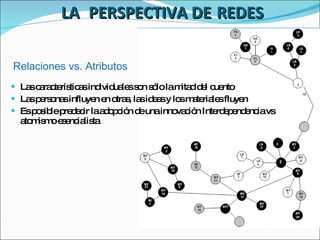   LA PERSPECTIVA DE REDES Las características individuales son sólo la mitad del cuento  Las personas influyen en otras, las ideas y los materiales fluyen Es posible predecir la adopción de una innovación Interdependencia vs atomismo esencialista Relaciones vs. Atributos 