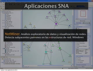 Aplicaciones SNA




       NetMiner. Análisis exploratorio de datos y visualización de redes.
       Detecta subyacentes patrones en las estructuras de red. Windows




martes 14 de septiembre de 2010
 