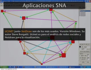 Aplicaciones SNA



       UCINET junto NetDraw son de los más usados. Versión Windows. Su
       autor Steve Borgatti. Ucinet es para el análisis de redes sociales y
       Netdraw para la visualización.




martes 14 de septiembre de 2010
 