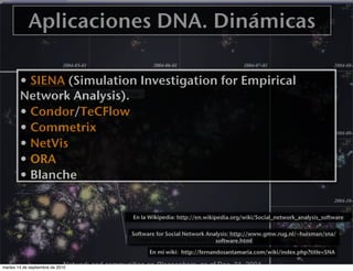 Aplicaciones DNA. Dinámicas

        • SIENA (Simulation Investigation for Empirical
        Network Analysis).
        • Condor/TeCFlow
        • Commetrix
        • NetVis
        • ORA
        • Blanche

                                  En la Wikipedia: http://en.wikipedia.org/wiki/Social_network_analysis_software


                                  Software for Social Network Analysis: http://www.gmw.rug.nl/~huisman/sna/
                                                                 software.html

                                        En mi wiki: http://fernandosantamaria.com/wiki/index.php?title=SNA

martes 14 de septiembre de 2010
 