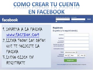 COMO CREAR TU CUENTAEN FACEBOOKINGRESA A LA PAGINA WWW.FACEBOK.COMLLENA TODOS LOS DATOS QUE TE SOLICITE LA PAGINALUEGO CLICK EN REGISTRATE