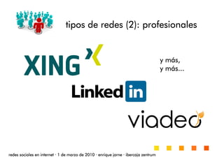 tipos de redestipos de redestipos de redestipos de redes (2):(2):(2):(2): profesionalesprofesionalesprofesionalesprofesionales
redes sociales en internetredes sociales en internetredes sociales en internetredes sociales en internet ···· 1 de marzo de 20101 de marzo de 20101 de marzo de 20101 de marzo de 2010 ···· enrique jarneenrique jarneenrique jarneenrique jarne ···· ibercaja zentrumibercaja zentrumibercaja zentrumibercaja zentrum
y my my my máááás,s,s,s,
y my my my máááás...s...s...s...
 