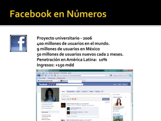 Facebook en NúmerosProyecto universitario - 2006 400 millones de usuarios en el mundo.9 millones de usuarios en México50 millones de usuarios nuevos cada 2 meses.Penetración en América Latina:  10%Ingresos: +150 mdd