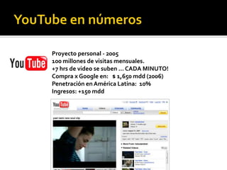 YouTube en númerosProyecto personal - 2005100 millones de visitas mensuales.+7 hrs de video se suben … CADA MINUTO!Compra x Google en:   $ 1,650 mdd (2006) Penetración en América Latina:  10%Ingresos: +150 mdd