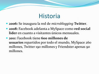 Historia2006: Se inaugura la red de microblogging Twitter.2008: Facebook adelanta a MySpace como red social líder en cuanto a visitantes únicos mensuales.2011: Facebook tiene 600 millones de usuarios repartidos por todo el mundo, MySpace 260 millones, Twitter 190 millones y Friendster apenas 90 millones.