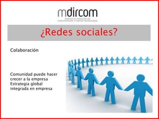 ¿Redes sociales?ColaboraciónComunidad puede hacercrecer a la empresaEstrategia globalintegrada en empresa