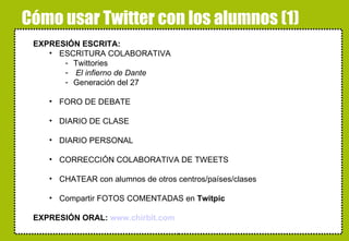 Cómo usar Twitter con los alumnos (1) EXPRESIÓN ESCRITA:  ESCRITURA COLABORATIVA Twittories El infierno de Dante Generación del 27 FORO DE DEBATE DIARIO DE CLASE DIARIO PERSONAL CORRECCIÓN COLABORATIVA DE TWEETS CHATEAR con alumnos de otros centros/países/clases Compartir FOTOS COMENTADAS en  Twitpic EXPRESIÓN ORAL:  www.chirbit.com alskdjfñakjsdfjañsdf 