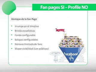 Fan pages SI – Profile NO

Ventajas de la Fan Page

•   Irrumpe en el timeline
•   Brinda estadísticas
•   Fondo configurable
•   Solapas configurables
•   Número ilimitado de fans
•   Mayor visibilidad (son públicos)
 