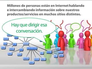 Millones de personas están en Internet hablando
e intercambiando información sobre nuestros
productos/servicios en muchos sitios distintos.


  Hay que dirigir esa
    conversación.
 