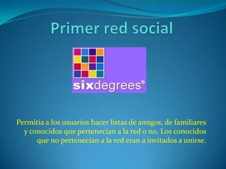 Permitía a los usuarios hacer listas de amigos, de familiares
  y conocidos que pertenecían a la red o no. Los conocidos
      que no pertenecían a la red eran a invitados a unirse.
 