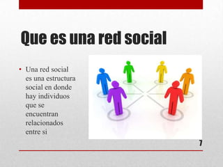 Que es una red social
• Una red social
  es una estructura
  social en donde
  hay individuos
  que se
  encuentran
  relacionados
  entre si
                        7
 