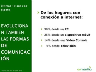 Últimos 10 años en España EVOLUCIONAN TAMBIEN LAS  FORMAS DE COMUNICACIÓN <ul><li>98% desde un  PC </li></ul><ul><li>25% d...