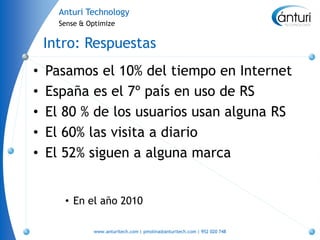 Anturi Technology
      Sense & Optimize


    Intro: Respuestas
•   Pasamos el 10% del tiempo en Internet
•   España es el 7º país en uso de RS
•   El 80 % de los usuarios usan alguna RS
•   El 60% las visita a diario
•   El 52% siguen a alguna marca


       • En el año 2010

               www.anturitech.com | pmolina@anturitech.com | 952 020 748
 