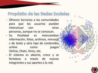 - Ofrecen Servicios a las comunidades
  para que los usuarios puedan
  interactuar con                    otras
  personas, aunque no se conozcan.
- Su     finalidad   es      intercambiar
  información, fotos, archivos, mensaje
  s de texto y otro tipo de contenidos
  online           como            juegos
  Online, Chats, foros, etc.
- El sistema es abierto, crece y se
  fortalece a través de nuevos
  integrantes y sus aportes a la red.
 