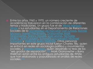    Entre los años 1960 y 1970, un número creciente de
    académicos trabajaron en la combinación de diferentes
    temas y tradiciones. Un grupo fue el de White Harrison
    White y sus estudiantes en el Departamento de Relaciones
    Sociales de la Universidad de Harvard: Ivan Chase, Bonnie
    Erickson, Harriet Friedmann, Granovetter Mark
    Granovetter, Nancy Howell, Joel Levine, Nicholas
    Mullins, John Padgett, Schwartz (sociologist) Michael
    Schwartz y Wellman Barry Wellman. Otras personas
    importantes en este grupo inicial fueron Charles Tilly, quien
    se enfocó en redes en sociología política y movimientos
    sociales, y Stanley Milgram, quien desarrolló la tesis de los
    "seis grados de separación".[10] Mark Granovetter y Barry
    Wellman están entre los antiguos estudiantes de White
    que han elaborado y popularizado el análisis de redes
    sociales.[11]
 
