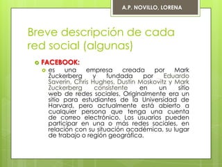 A.P. NOVILLO, LORENA



Breve descripción de cada
red social (algunas)
    FACEBOOK:
        es    una    empresa     creada    por    Mark
         Zuckerberg     y    fundada    por    Eduardo
         Saverin, Chris Hughes, Dustin Moskovitz y Mark
         Zuckerberg      consistente   en    un     sitio
         web de redes sociales. Originalmente era un
         sitio para estudiantes de la Universidad de
         Harvard, pero actualmente está abierto a
         cualquier persona que tenga una cuenta
         de correo electrónico. Los usuarios pueden
         participar en una o más redes sociales, en
         relación con su situación académica, su lugar
         de trabajo o región geográfica.
 