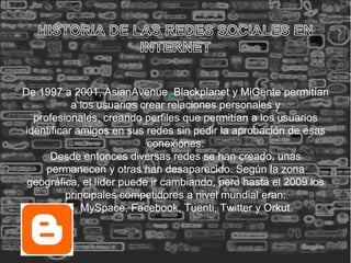 De 1997 a 2001, AsianAvenue, Blackplanet y MiGente permitían
           a los usuarios crear relaciones personales y
  profesionales, creando perfiles que permitían a los usuarios
identificar amigos en sus redes sin pedir la aprobación de esas
                           conexiones.
      Desde entonces diversas redes se han creado, unas
     permanecen y otras han desaparecido. Según la zona
 geográfica, el líder puede ir cambiando, pero hasta el 2009 los
          principales competidores a nivel mundial eran:
        Hi5, MySpace, Facebook, Tuenti, Twitter y Orkut.
 