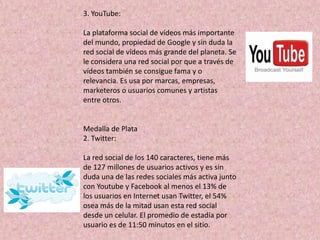 3. YouTube:

La plataforma social de vídeos más importante
del mundo, propiedad de Google y sin duda la
red social de vídeos más grande del planeta. Se
le considera una red social por que a través de
vídeos también se consigue fama y o
relevancia. Es usa por marcas, empresas,
marketeros o usuarios comunes y artistas
entre otros.


Medalla de Plata
2. Twitter:

La red social de los 140 caracteres, tiene más
de 127 millones de usuarios activos y es sin
duda una de las redes sociales más activa junto
con Youtube y Facebook al menos el 13% de
los usuarios en Internet usan Twitter, el 54%
osea más de la mitad usan esta red social
desde un celular. El promedio de estadía por
usuario es de 11:50 minutos en el sitio.
 