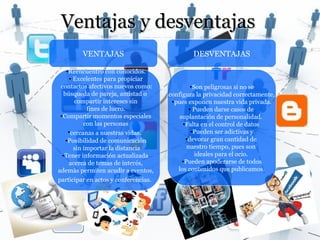 Ventajas y desventajas
         VENTAJAS                             DESVENTAJAS

    •Reencuentro con conocidos.
     • Excelentes para propiciar
 contactos afectivos nuevos como:              •Son peligrosas si no se
   búsqueda de pareja, amistad o      configura la privacidad correctamente,
       compartir intereses sin         •pues exponen nuestra vida privada.
            fines de lucro.                   • Pueden darse casos de
 •Compartir momentos especiales           suplantación de personalidad.
           con las personas                •Falta en el control de datos
     •cercanas a nuestras vidas.               •Pueden ser adictivas y
    •Posibilidad de comunicación            •devorar gran cantidad de
       sin importar la distancia             nuestro tiempo, pues son
  •Tener información actualizada                 ideales para el ocio.
     acerca de temas de interés,           •Pueden apoderarse de todos
además permiten acudir a eventos,        los contenidos que publicamos.
participar en actos y conferencias.
 