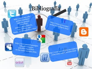 Bibliografía
                c.edu/
       /w ww.uo no
 http:/ /castella
    portal -premsa                 http:
           de
     /sala- alitat/                      /
                                  onlin /www.pr
        /actu /noticia_                e . ne t      iv
          s/2012                               /peli acidad-
                       .                            g ro s.
  noticie oticia_026 itter                                 html
      026/ n         A.tw
              5gdwE
         1CwO
html#.T




 http://ww
            w.pantall
       infancia-c    asamigas
                 onsejos-     .
     articulos/
  en-las-red seguridad-                                           pacio
                                                           m.mx/es l
            es-sociale                             osol.co        tm
                       s.shtm
                                        //www.inf es_sociales.h
                                  http:          /red
                                     /co nt/aula
 