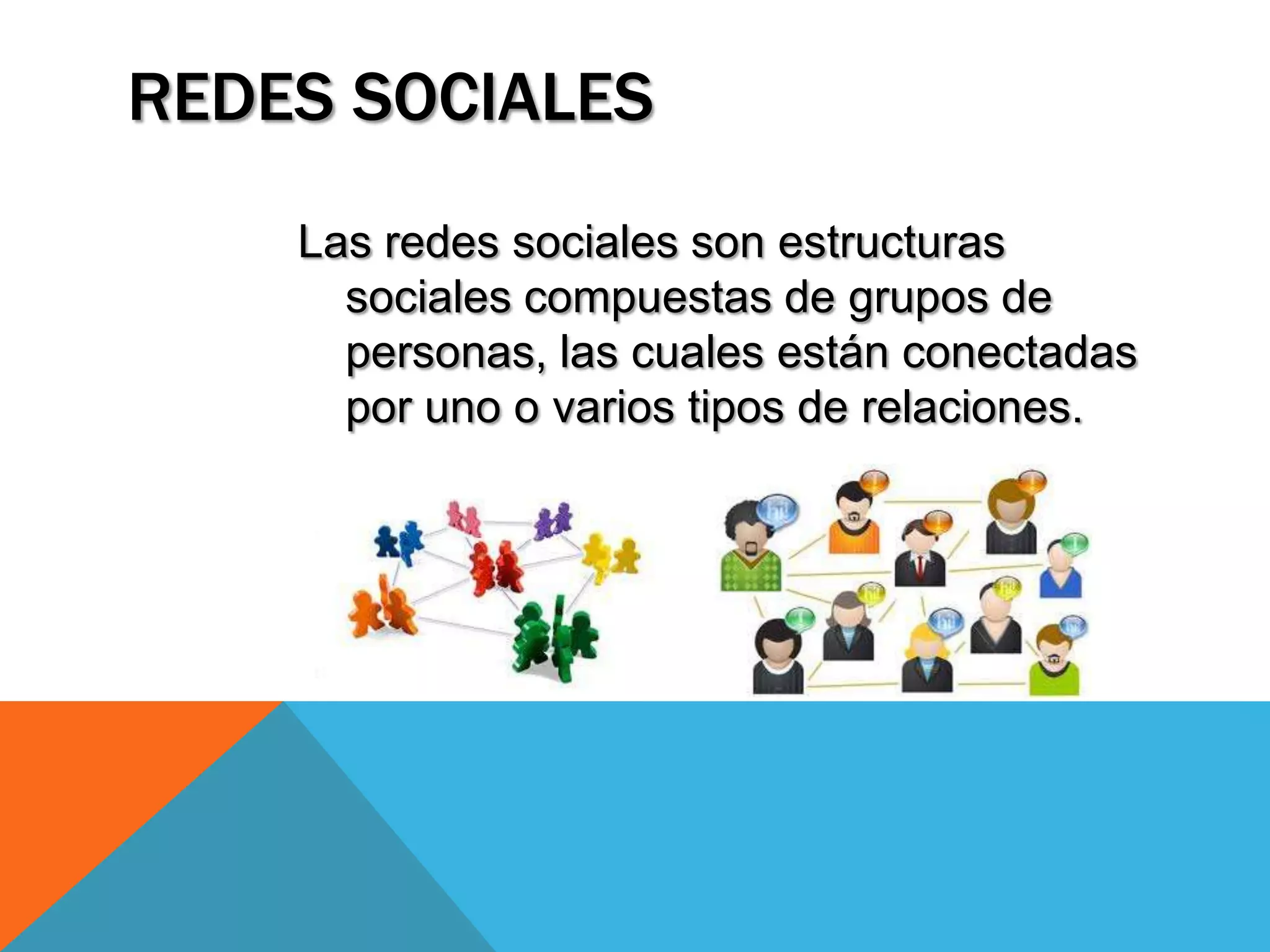 REDES SOCIALES
Las redes sociales son estructuras
sociales compuestas de grupos de
personas, las cuales están conectadas
por uno o varios tipos de relaciones.