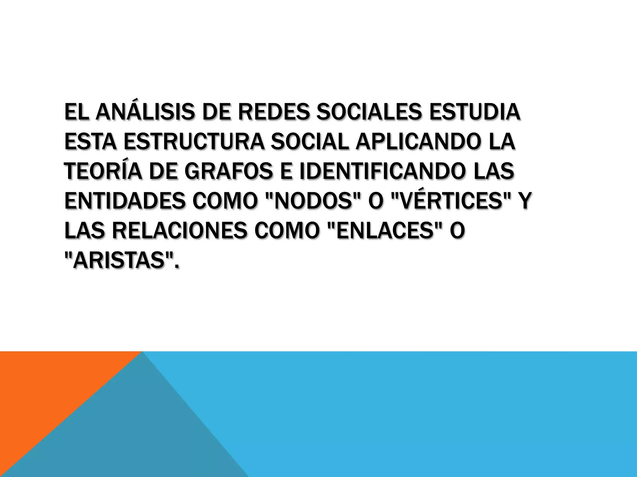 EL ANÁLISIS DE REDES SOCIALES ESTUDIA
ESTA ESTRUCTURA SOCIAL APLICANDO LA
TEORÍA DE GRAFOS E IDENTIFICANDO LAS
ENTIDADES COMO "NODOS" O "VÉRTICES" Y
LAS RELACIONES COMO "ENLACES" O
"ARISTAS".